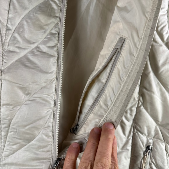 Eddie Bauer Down Puffer Vest Women L Hooded Insulated Down Blend Ivory Winter - Picture 7 of 10
